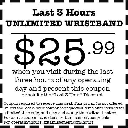 Last 3 Hours Unlimited Wristband Coupon