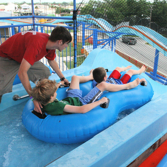 Mad Raft at ZDT's Amusement Park - Boys get ready to ride a water coaster.